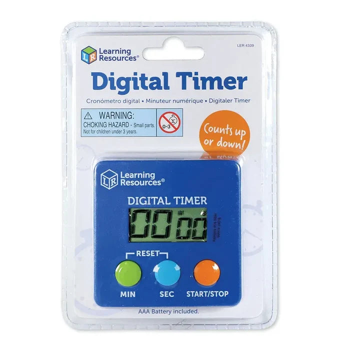 Blue square digital timer in clear packaging with green, light blue, and orange buttons and a large LCD display.