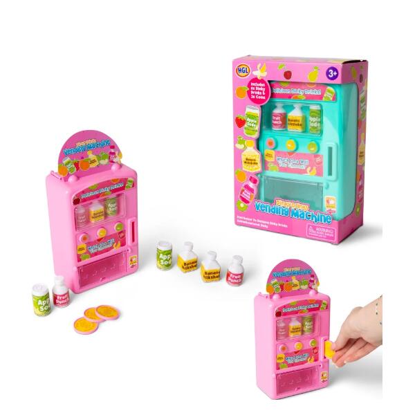Pink and teal toy vending machines with miniature juice bottles and gold coins. Shown in and out of pink packaging.