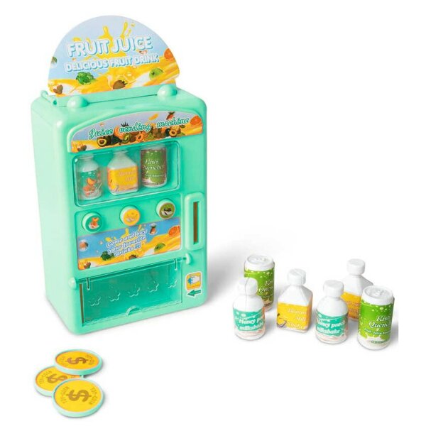 Mint green toy juice vending machine with three gold coins and six small drink bottles and cans on a white background.