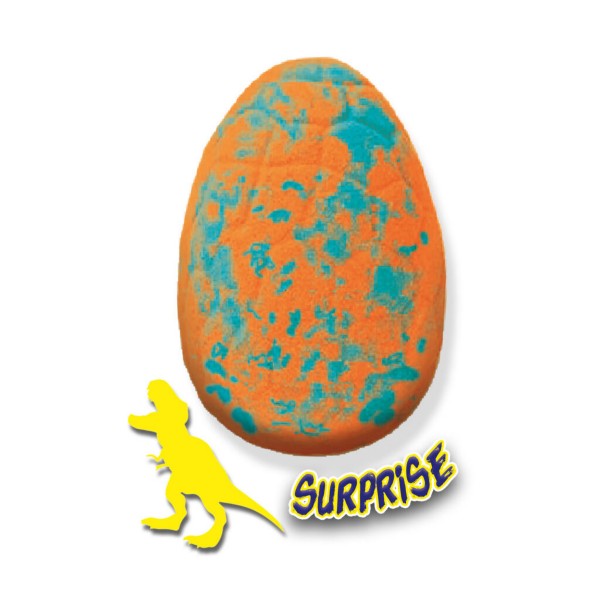 Speckled orange and teal egg-shaped bath bomb with a yellow dinosaur silhouette and stylized SURPRISE text.