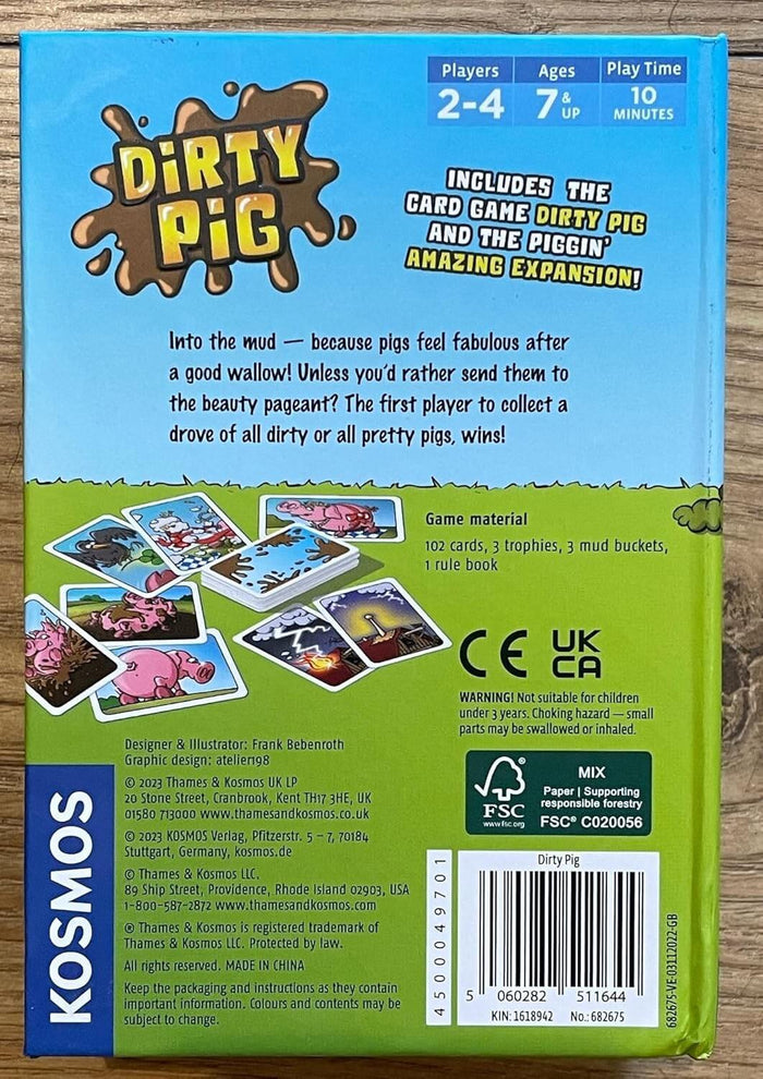 Back of Dirty Pig game box with card illustrations, gameplay stats, and Kosmos branding on blue and green background.