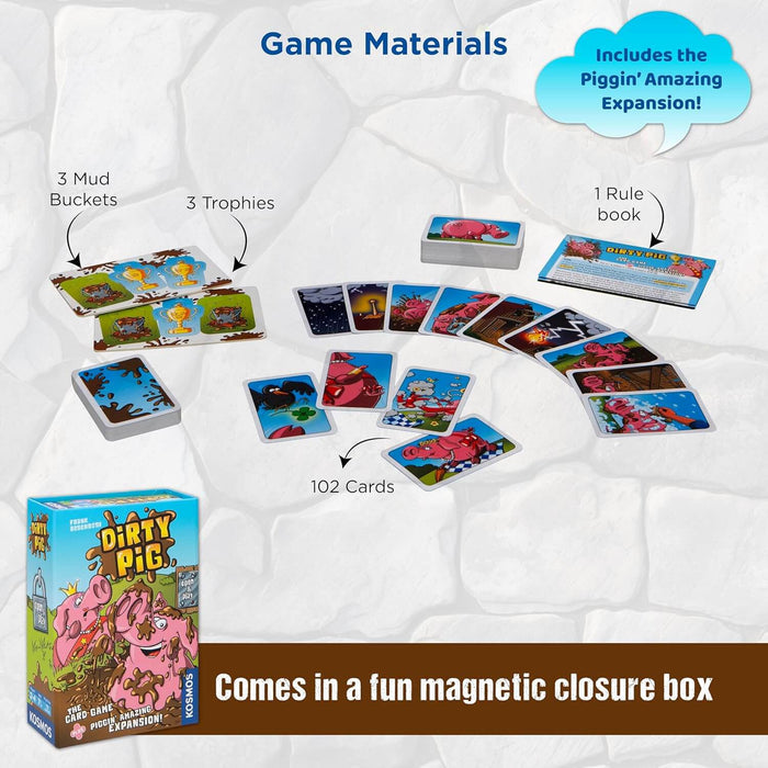 Blue box with cartoon pigs, 102 illustrated cards, mud bucket and trophy tiles, and a rulebook on white background.