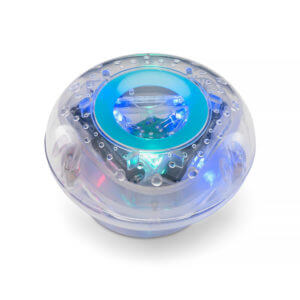 Clear saucer-shaped bath light with bright blue and teal LED lights glowing through a transparent shell.