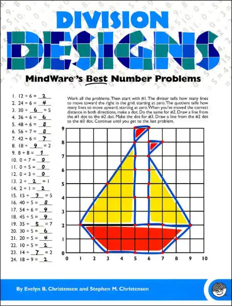 Activity page featuring division problems and a colorful sailboat illustration plotted on a coordinate grid.