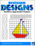 Activity page featuring division problems and a colorful sailboat illustration plotted on a coordinate grid.