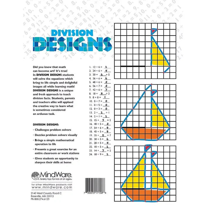 Workbook page with division equations and a sailboat being colored on three sequential blue and yellow grid illustrations.