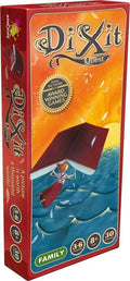 Red Dixit Quest expansion box with art of a character flying using a book as wings over ocean waves.