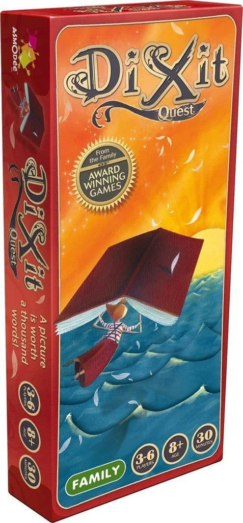 Red Dixit Quest expansion box with art of a character flying using a book as wings over ocean waves.