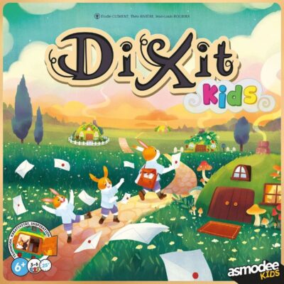 Colorful box showing rabbits tossing letters on a path through a whimsical green fairytale landscape with round houses.