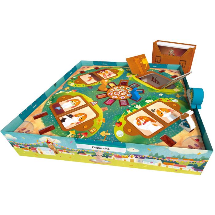 Open board game box featuring a colorful garden-themed board with animal illustrations and rabbit game pieces.