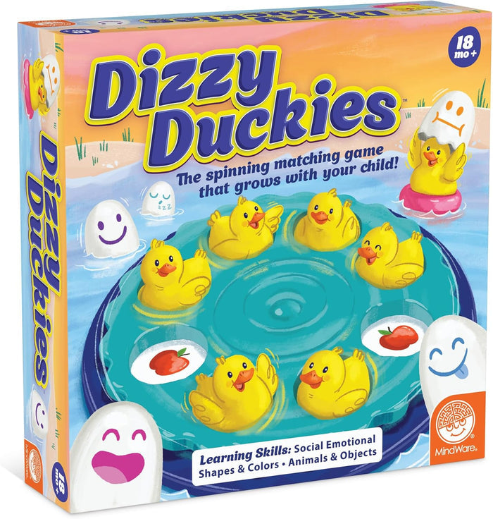 Game box art shows yellow ducks spinning in a blue pond with expressive egg-shaped characters under a sunset sky.