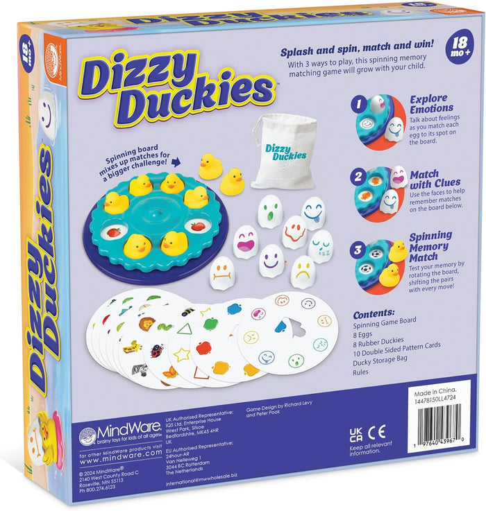 Purple box for Dizzy Duckies shows blue spinning board with yellow ducks, white eggs with faces, and pattern cards.