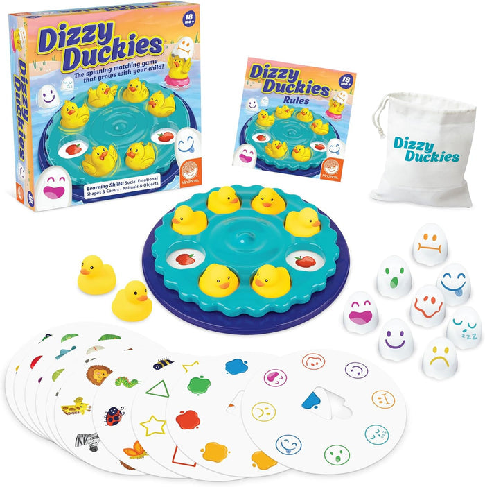 Toddler matching game with yellow ducks on a blue base, white emoji eggs, circular game cards, and original box.