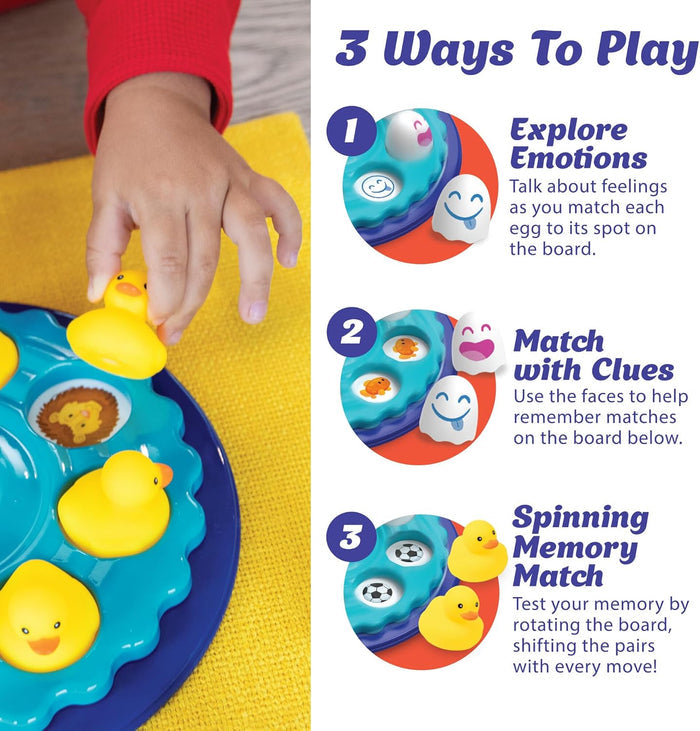 A child plays with a blue spinning board of yellow ducks, featuring text for three ways to play.