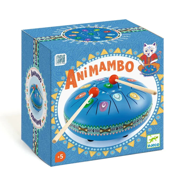 Blue box featuring a blue metal tongue drum with 11 colorful notes and two red-tipped wooden mallets. Age 5+.
