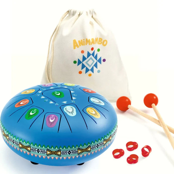 Blue metal tongue drum with 11 colorful numbered notes, two red mallets, finger picks, and a canvas storage bag.