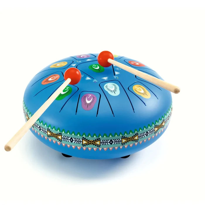 Blue metal tongue drum with colorful numbered pads and two wooden mallets with orange rubber heads.