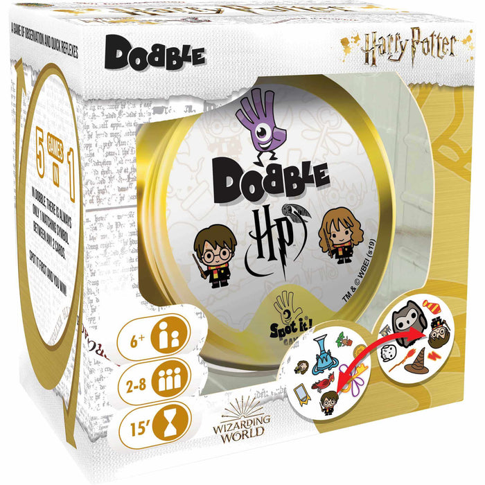 White and gold Harry Potter Dobble game box featuring a round gold tin with cartoon Harry and Hermione.
