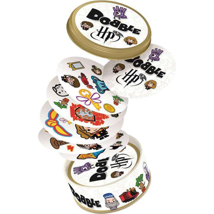 Round gold metal tin with Harry Potter Dobble cards featuring colorful cartoon icons spilling out.