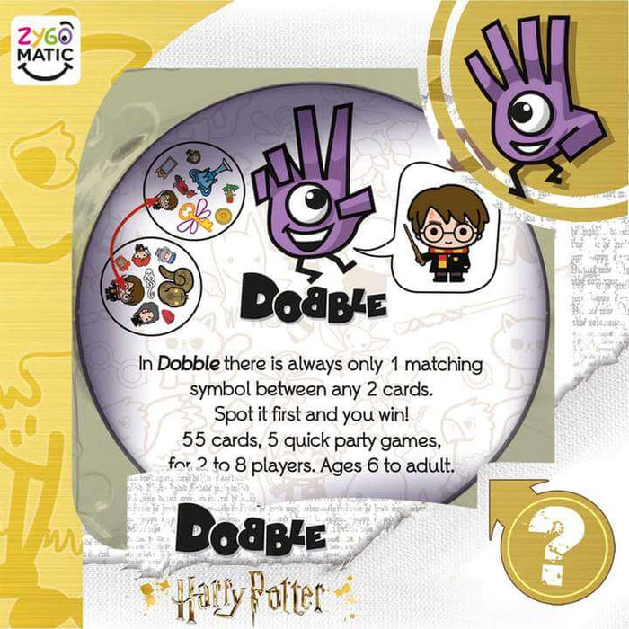 Yellow Harry Potter Dobble infographic with purple hand mascot, game rules, and round cards with character icons.