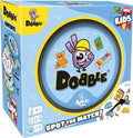Light blue square box for Dobble Kids featuring a purple hand mascot and colorful toy icons on a circular graphic.
