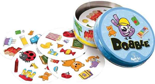Open blue circular tin with round white cards featuring colorful illustrations of a teddy bear, ladybug, and toys.