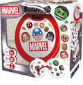 Square box showing a round tin and cards with Marvel superhero emojis like Hulk, Iron Man, and Captain America.