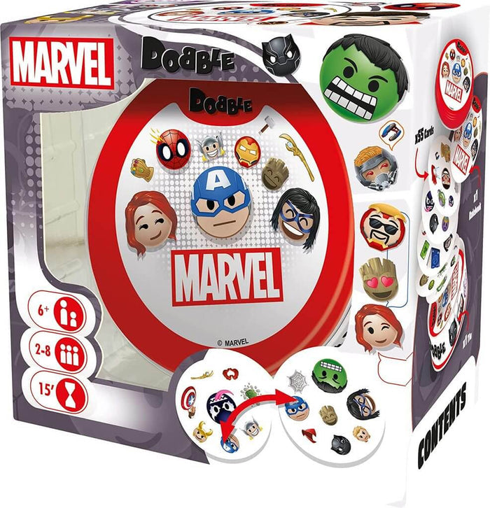 Square box showing a round tin and cards with Marvel superhero emojis like Hulk, Iron Man, and Captain America.