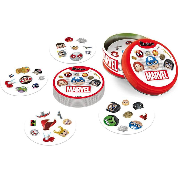 Round Marvel emoji card game featuring superhero icons and symbols with a red and white storage tin.