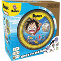 Blue and yellow game box featuring a round tin with Monkey D. Luffy, an ocean scene, and character match examples.