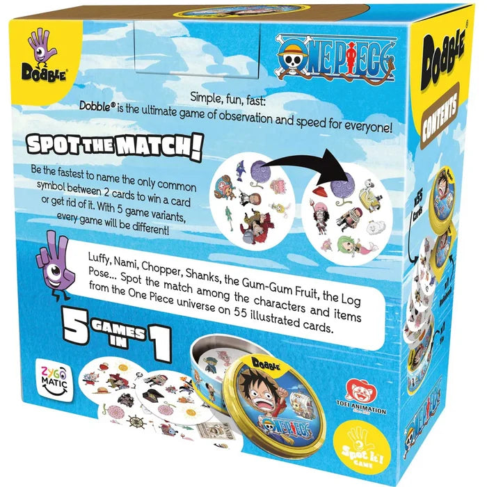 Blue and yellow Dobble One Piece box showing circular character cards and a metal tin with Luffy character artwork.