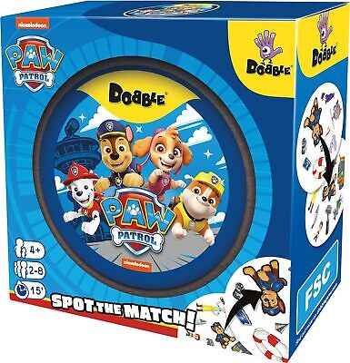 Blue box for Dobble Paw Patrol game featuring dog characters on a round tin with game information icons.