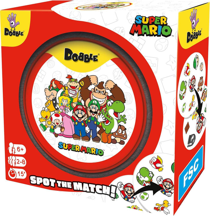 Red and yellow game box featuring a circular tin with Super Mario characters and sample gameplay cards on the side.