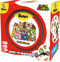 Red and yellow game box featuring a circular tin with Super Mario characters and sample gameplay cards on the side.