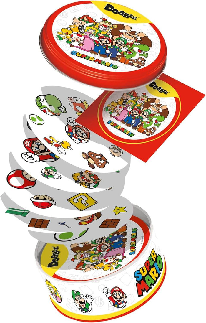 Circular Dobble Super Mario cards with character icons fanning out from a round red and white metal storage tin.