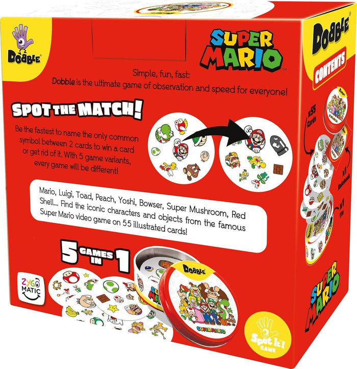 Red box for Super Mario Dobble card game featuring circular character cards and a round storage tin.