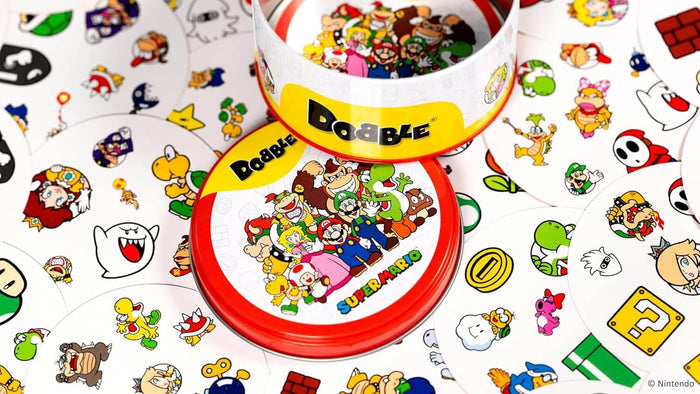 Red round tin with Mario characters on lid, surrounded by circular cards featuring colorful Nintendo icons and figures.
