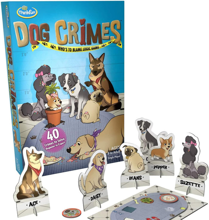 Dog Crimes logic game box with cartoon dogs in a lineup and six character standees around a small game board.