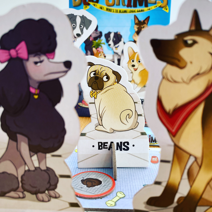 Three cartoon dog game pieces, including a pug named Beans, a poodle, and a German Shepherd on a colorful board.