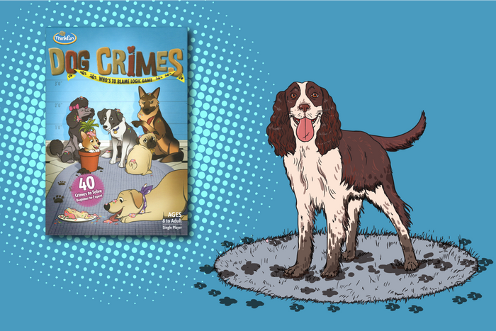 Dog Crimes game box beside a brown and white dog with muddy paws on a rug against a blue halftone background.