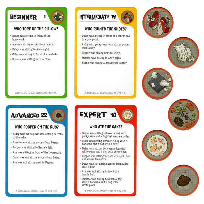 Four colorful logic puzzle cards and six circular tokens showing messes like chewed shoes and a torn pillow.