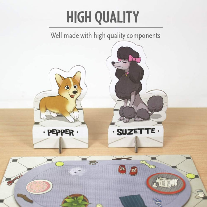Two dog character standees, Pepper and Suzette, on a game board with colorful household illustrations.