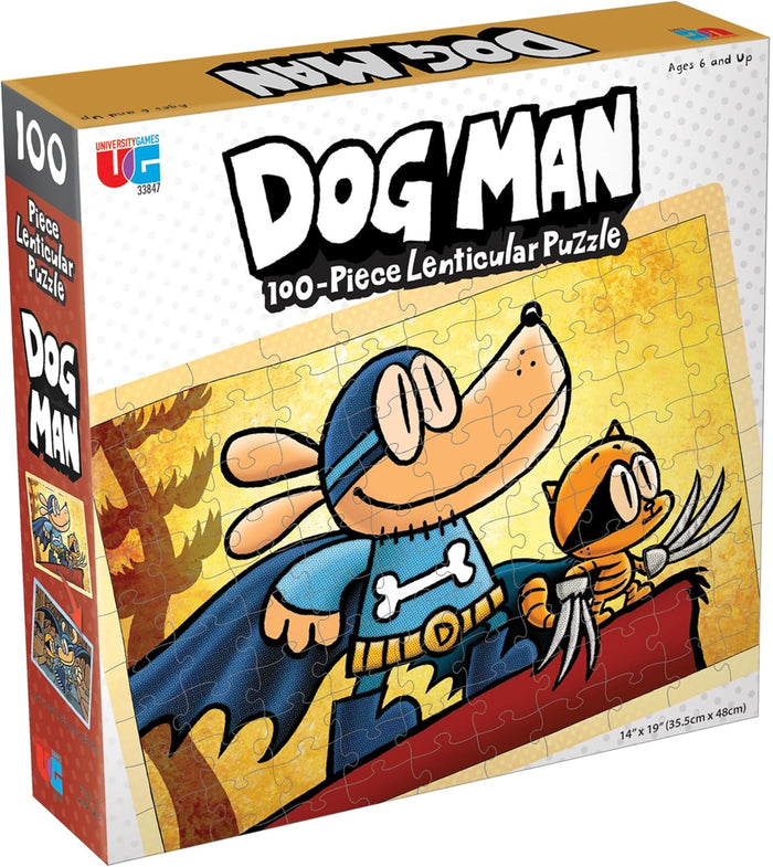 Box for a 100-piece Dog Man lenticular puzzle featuring a blue-suited dog and orange cat on a yellow background.