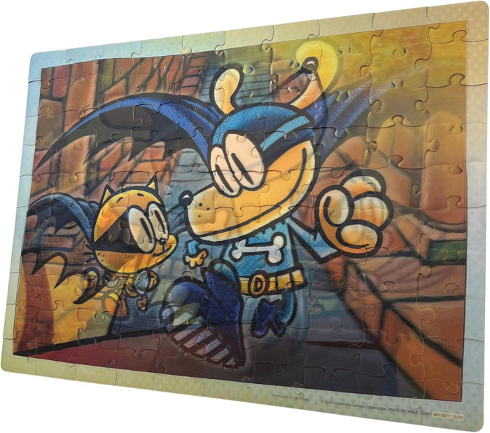Completed jigsaw puzzle of Dog Man and Li'l Petey in superhero capes leaping through a city alleyway at sunset.