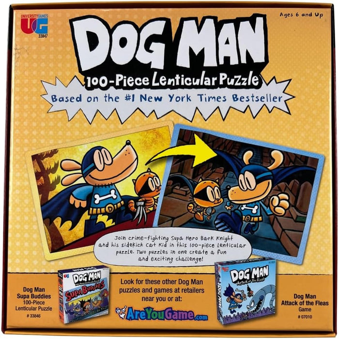 Yellow box for a Dog Man 100-piece puzzle showing two changing lenticular images of Bark Knight and Cat Kid.