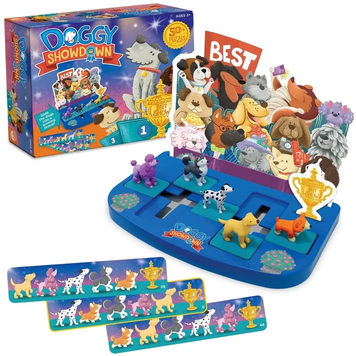 Blue logic game board with five sliding dog figurines, three puzzle cards, and colorful illustrated packaging.
