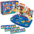 Blue logic game board with five sliding dog figurines, three puzzle cards, and colorful illustrated packaging.