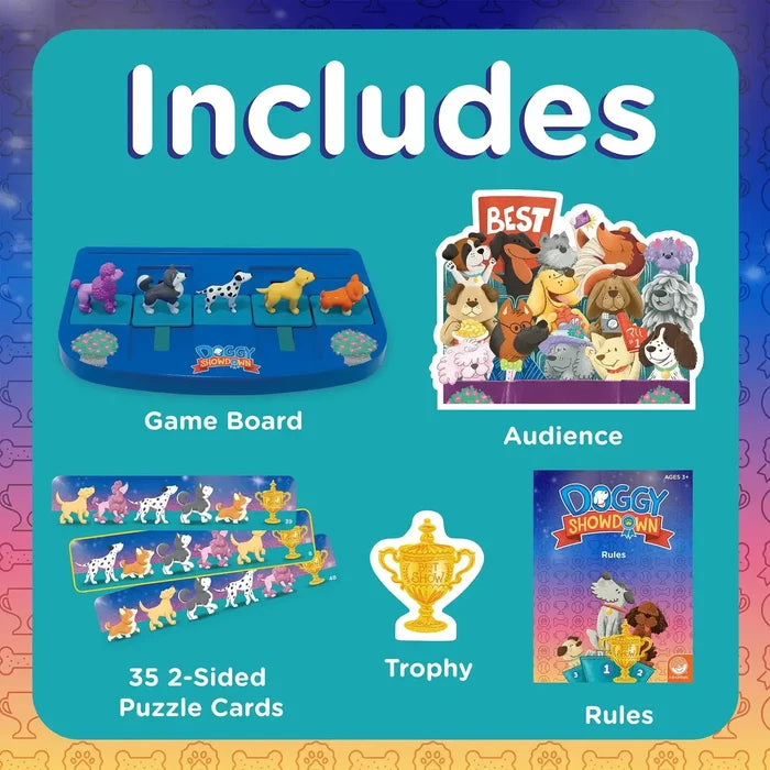 Blue board with 5 dog figures, 35 puzzle cards, a gold trophy, dog audience cutout, and instruction booklet.