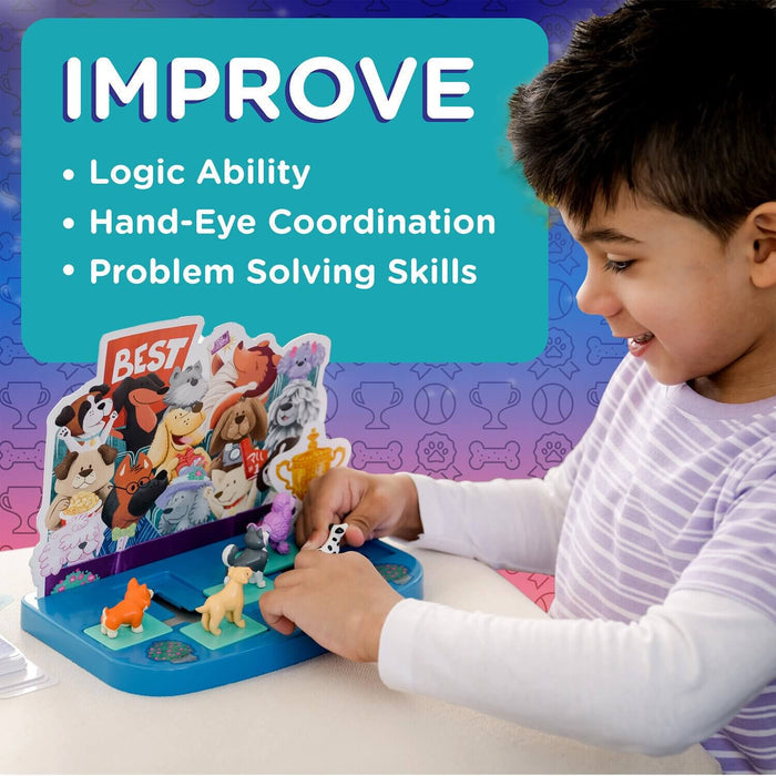 Child playing with dog figurines on a blue board game with a dog-themed background and educational text overlay.