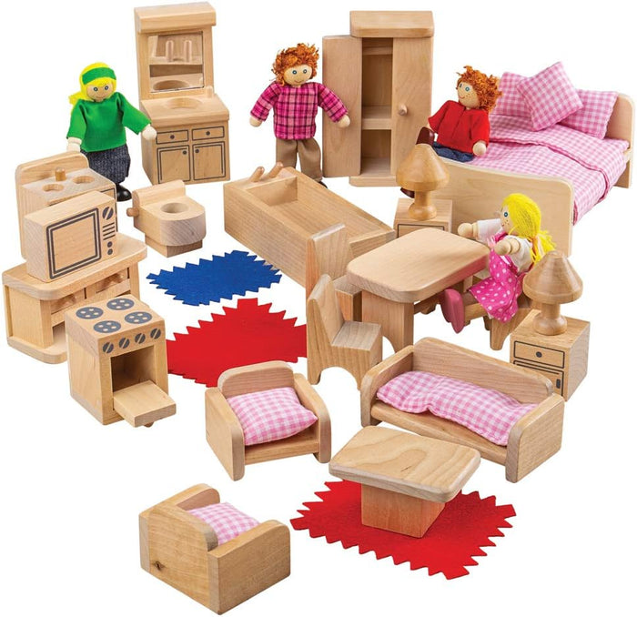Wooden dollhouse furniture and family set with pink gingham bedding, kitchen appliances, and blue and red rugs.